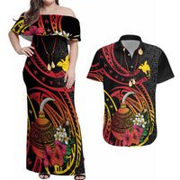Personalized Milne Bay Couples Matching Off Shoulder Maxi Dress and Hawaiian Shirt PNG Lime Pot with Oro Tapa
