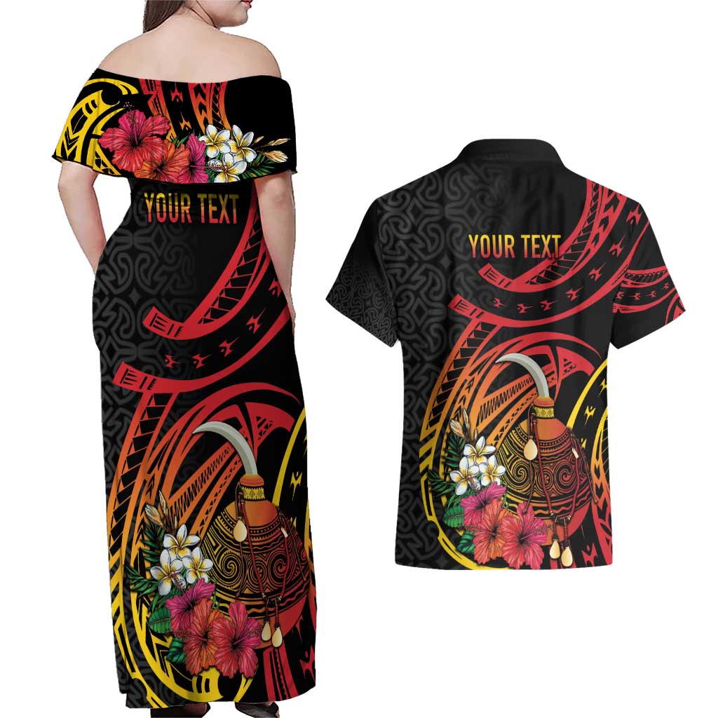 Personalized Milne Bay Couples Matching Off Shoulder Maxi Dress and Hawaiian Shirt PNG Lime Pot with Oro Tapa