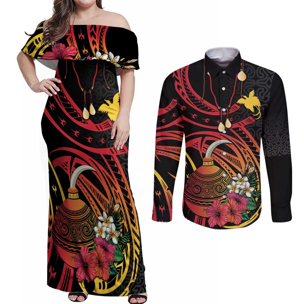 Personalized Milne Bay Couples Matching Off Shoulder Maxi Dress and Long Sleeve Button Shirt PNG Lime Pot with Oro Tapa