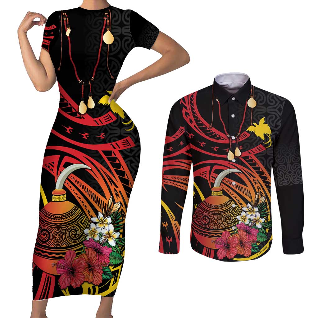 Personalized Milne Bay Couples Matching Short Sleeve Bodycon Dress and Long Sleeve Button Shirt PNG Lime Pot with Oro Tapa