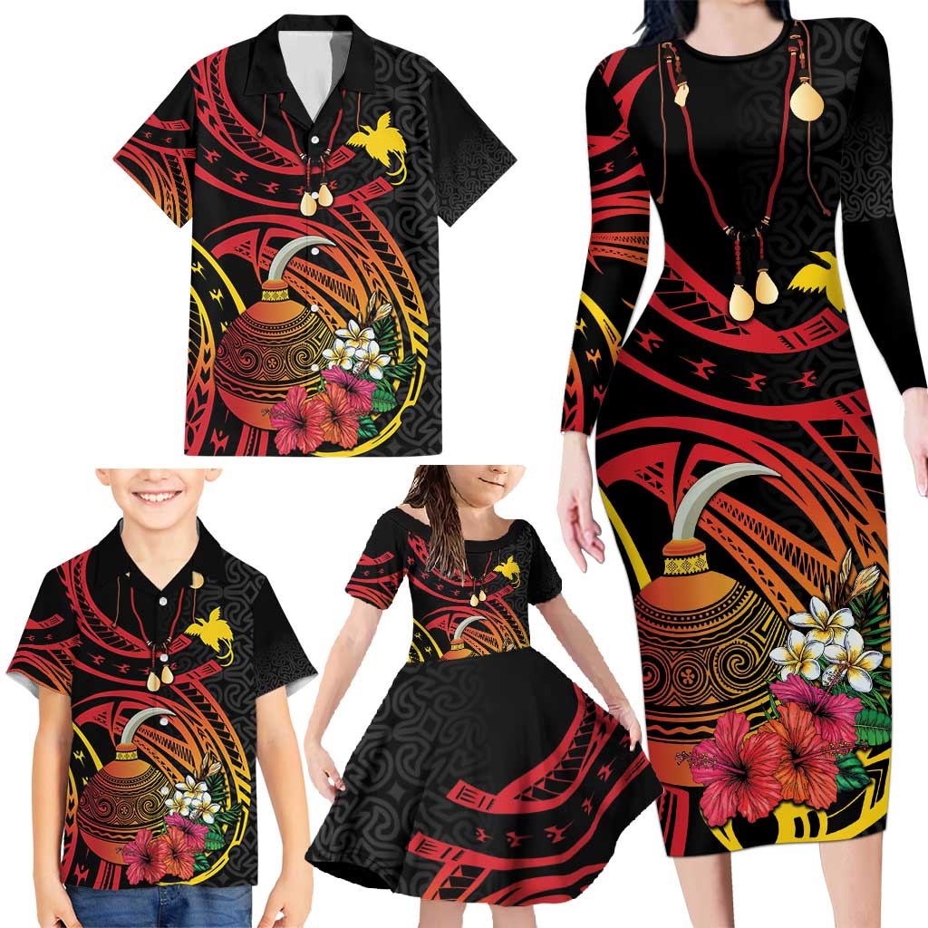 Personalized Milne Bay Family Matching Long Sleeve Bodycon Dress and Hawaiian Shirt PNG Lime Pot with Oro Tapa