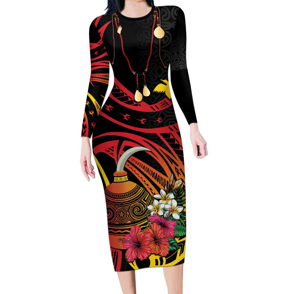 Personalized Milne Bay Family Matching Long Sleeve Bodycon Dress and Hawaiian Shirt PNG Lime Pot with Oro Tapa LT7 Mom's Dress Black - Polynesian Pride