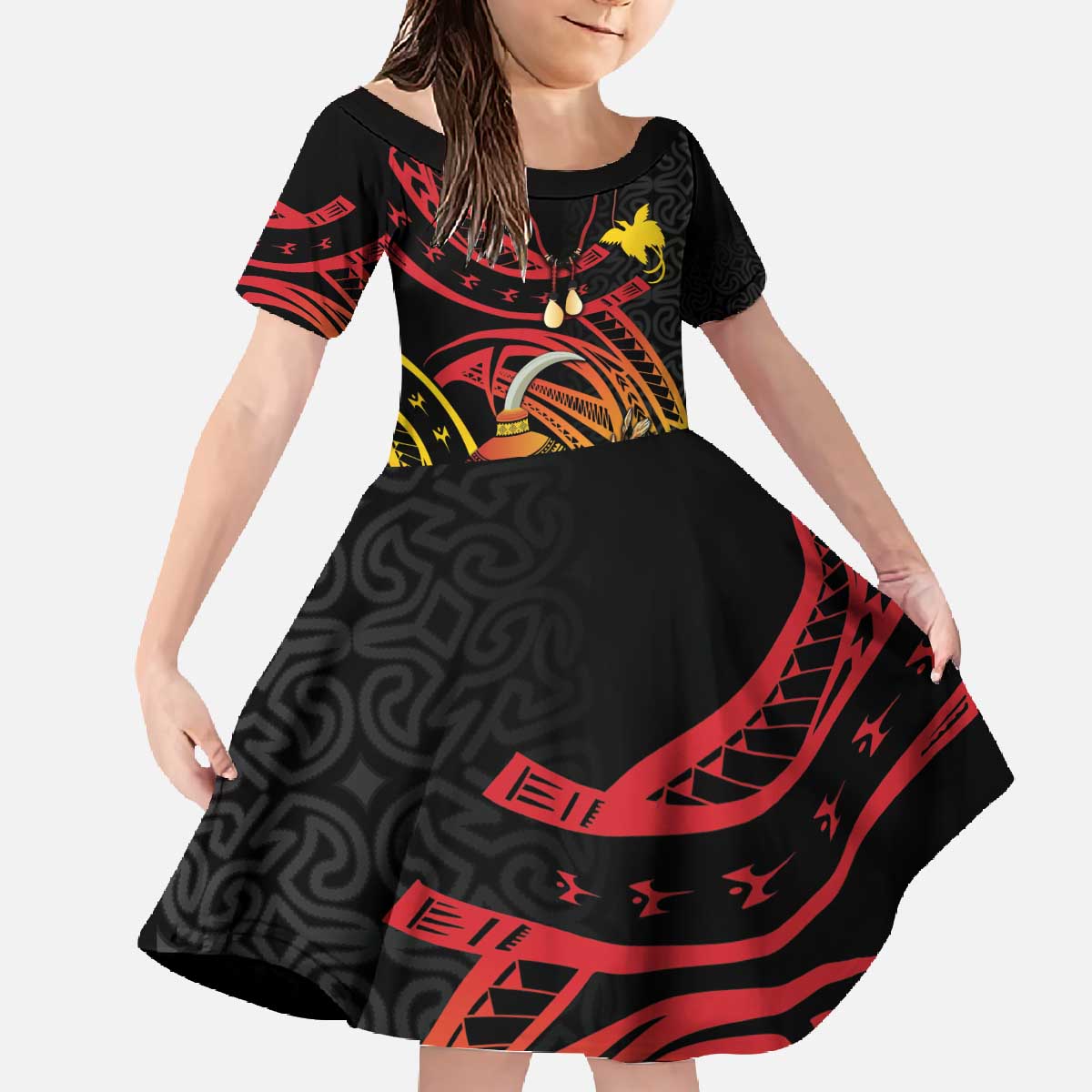 Personalized Milne Bay Family Matching Off The Shoulder Long Sleeve Dress and Hawaiian Shirt PNG Lime Pot with Oro Tapa LT7 Daughter's Dress Black - Polynesian Pride