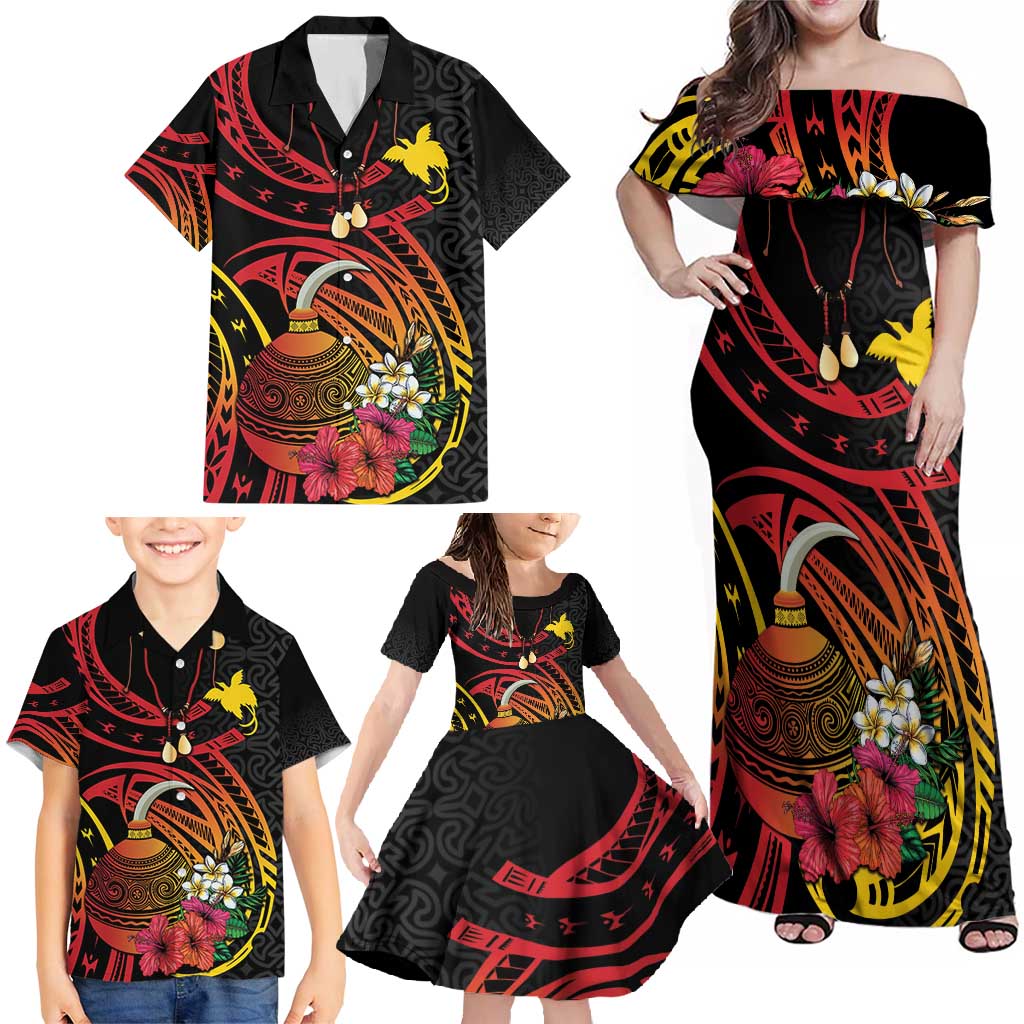 Personalized Milne Bay Family Matching Off Shoulder Maxi Dress and Hawaiian Shirt PNG Lime Pot with Oro Tapa