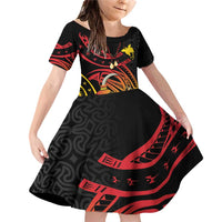 Personalized Milne Bay Family Matching Off Shoulder Short Dress and Hawaiian Shirt PNG Lime Pot with Oro Tapa LT7 Daughter's Dress Black - Polynesian Pride