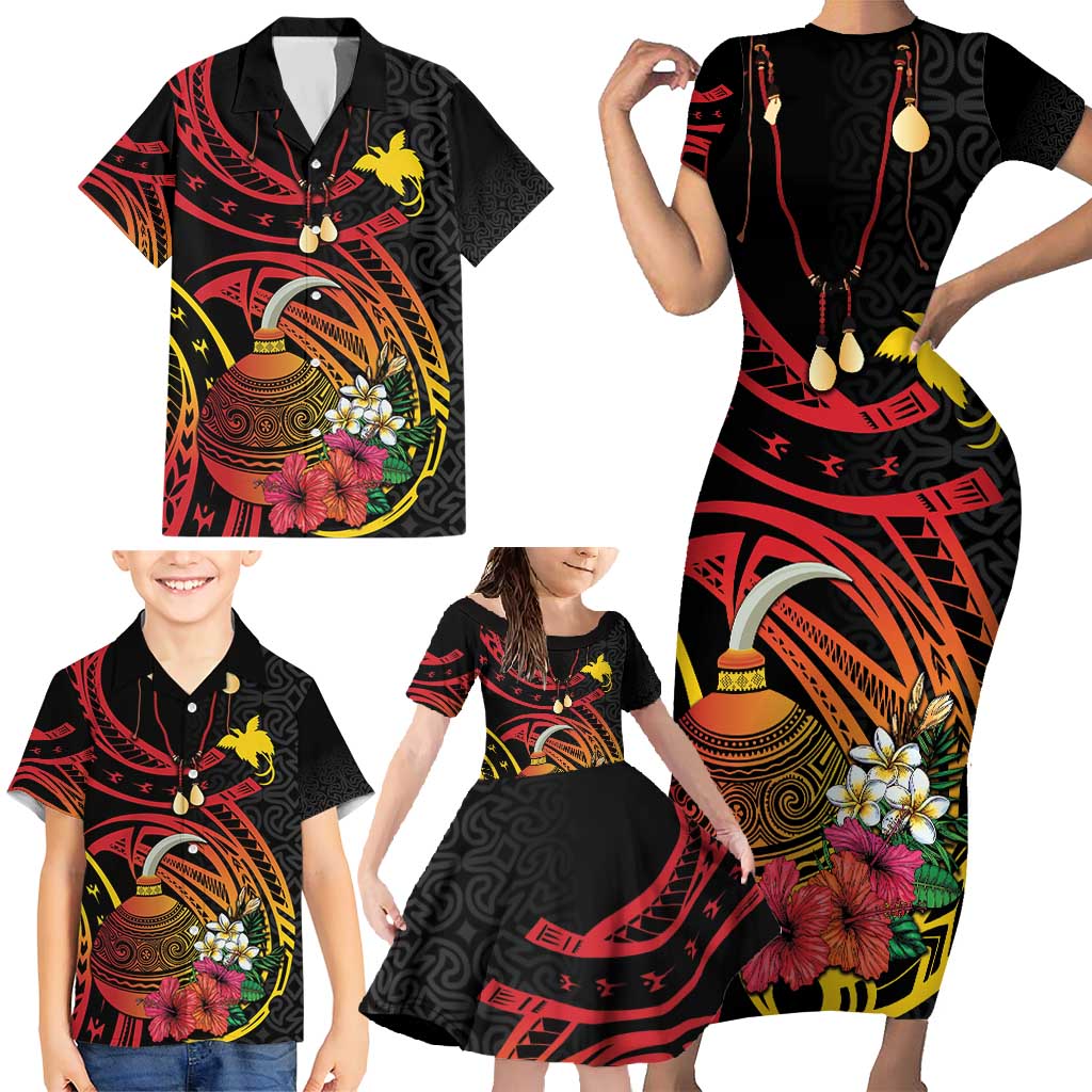 Personalized Milne Bay Family Matching Short Sleeve Bodycon Dress and Hawaiian Shirt PNG Lime Pot with Oro Tapa LT7 - Polynesian Pride