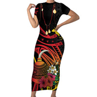 Personalized Milne Bay Family Matching Short Sleeve Bodycon Dress and Hawaiian Shirt PNG Lime Pot with Oro Tapa LT7 Mom's Dress Black - Polynesian Pride