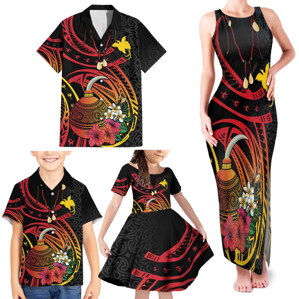 Personalized Milne Bay Family Matching Tank Maxi Dress and Hawaiian Shirt PNG Lime Pot with Oro Tapa LT7 - Polynesian Pride
