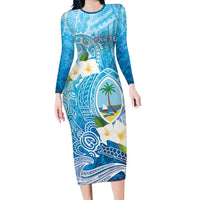 Hafa Adai Guam Chamorro Personalized Family Matching Long Sleeve Bodycon Dress and Hawaiian Shirt Ocean Blue Latte Stone with Guasali LT7 Mom's Dress Ocean Blue - Polynesian Pride