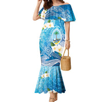 Hafa Adai Guam Chamorro Personalized Family Matching Mermaid Dress and Hawaiian Shirt Ocean Blue Latte Stone with Guasali LT7 Mom's Dress Ocean Blue - Polynesian Pride