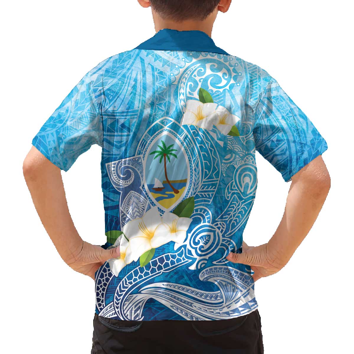Hafa Adai Guam Chamorro Personalized Family Matching Off The Shoulder Long Sleeve Dress and Hawaiian Shirt Ocean Blue Latte Stone with Guasali LT7 - Polynesian Pride