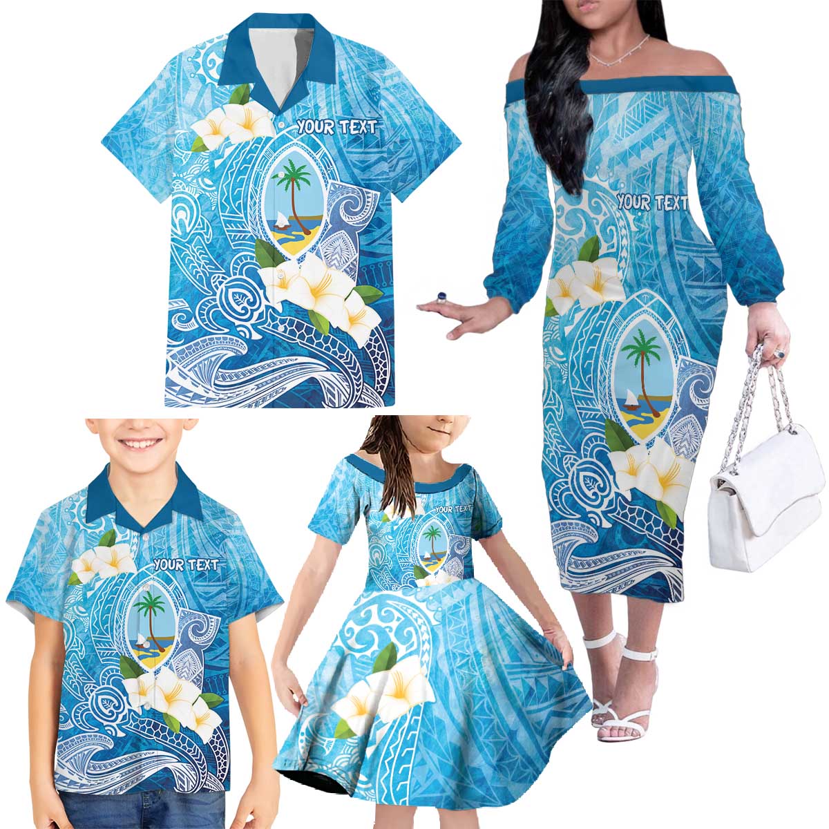 Hafa Adai Guam Chamorro Personalized Family Matching Off The Shoulder Long Sleeve Dress and Hawaiian Shirt Ocean Blue Latte Stone with Guasali LT7 - Polynesian Pride