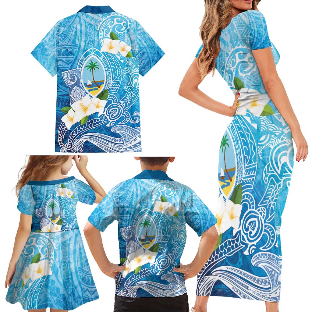 Hafa Adai Guam Chamorro Personalized Family Matching Short Sleeve Bodycon Dress and Hawaiian Shirt Ocean Blue Latte Stone with Guasali LT7 - Polynesian Pride