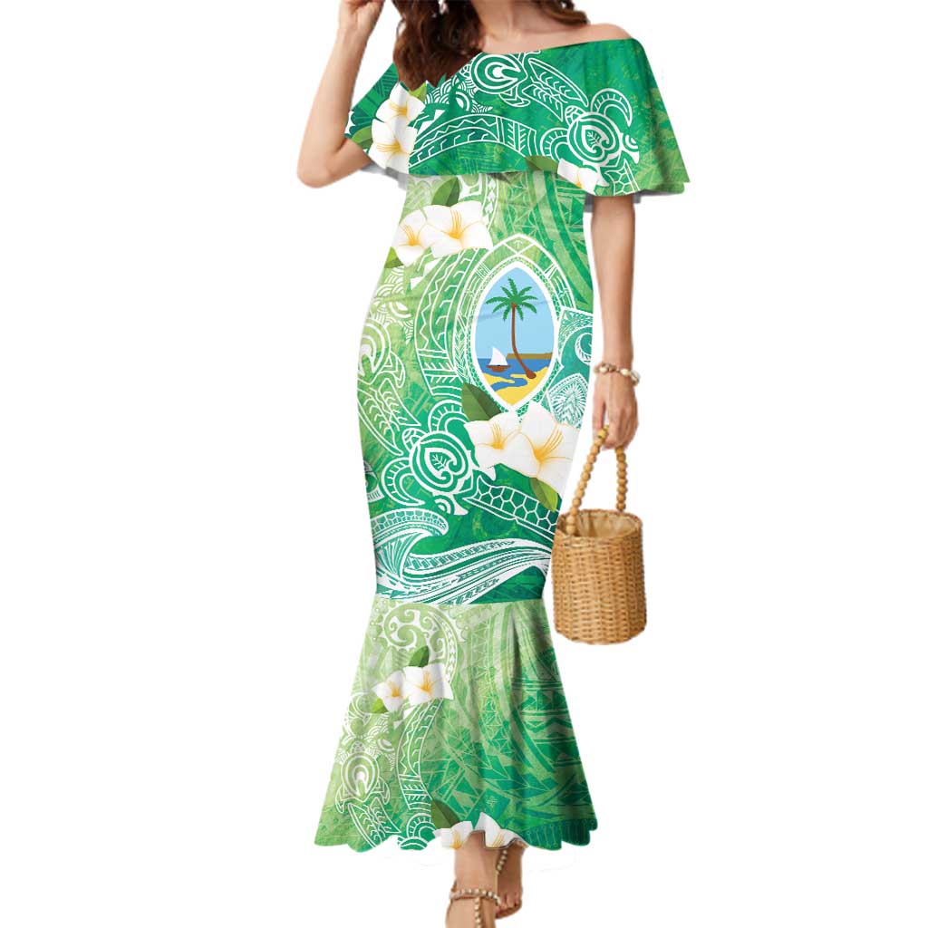 Hafa Adai Guam Chamorro Personalized Family Matching Mermaid Dress and Hawaiian Shirt Summer Green Latte Stone with Guasali LT7 Mom's Dress Summer Green - Polynesian Pride