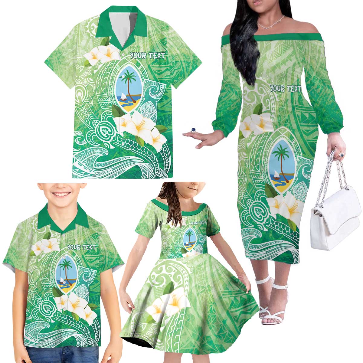 Hafa Adai Guam Chamorro Personalized Family Matching Off The Shoulder Long Sleeve Dress and Hawaiian Shirt Summer Green Latte Stone with Guasali LT7 - Polynesian Pride