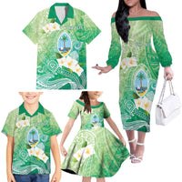 Hafa Adai Guam Chamorro Personalized Family Matching Off The Shoulder Long Sleeve Dress and Hawaiian Shirt Summer Green Latte Stone with Guasali LT7 - Polynesian Pride