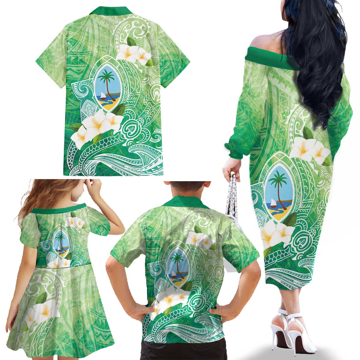 Hafa Adai Guam Chamorro Personalized Family Matching Off The Shoulder Long Sleeve Dress and Hawaiian Shirt Summer Green Latte Stone with Guasali LT7 - Polynesian Pride