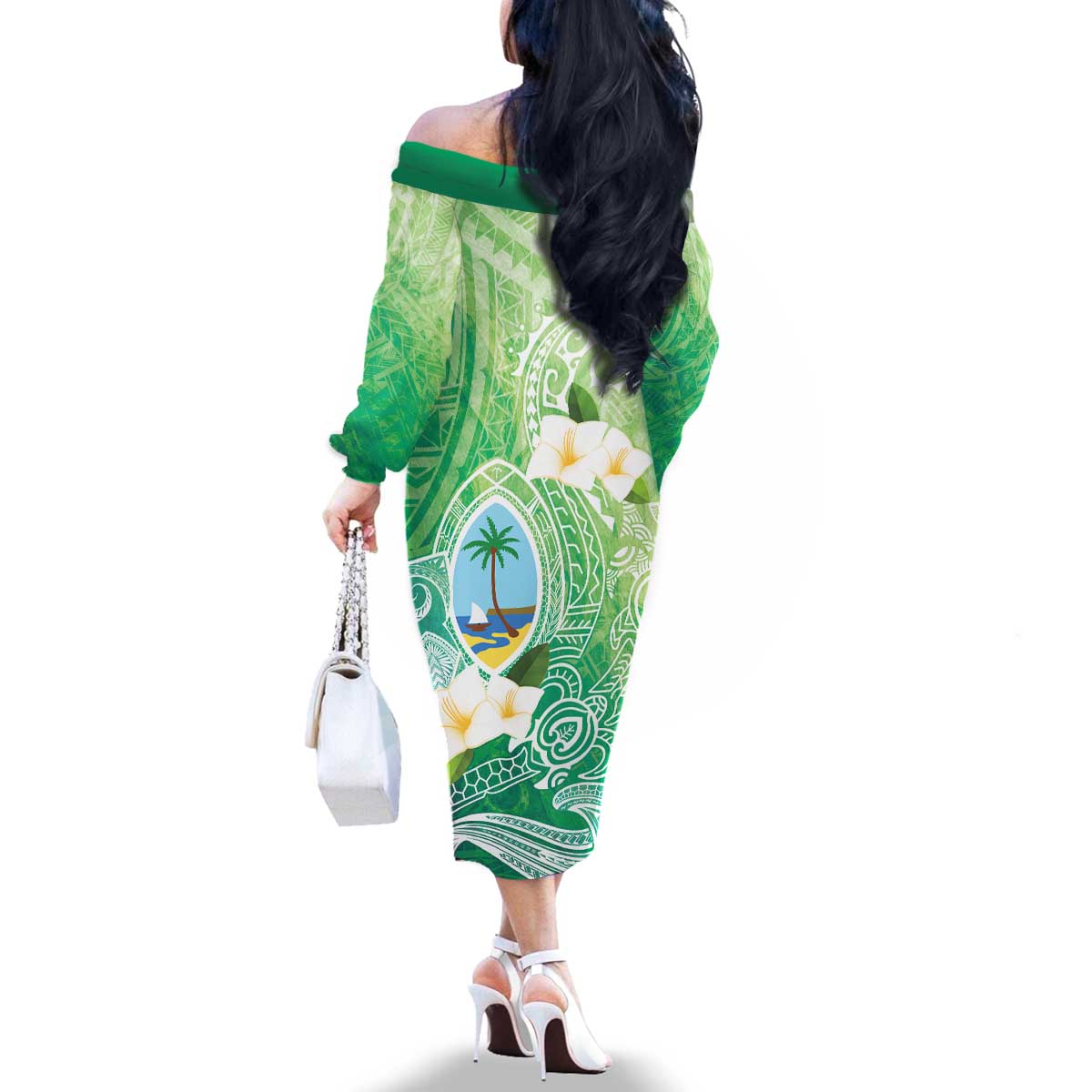Hafa Adai Guam Chamorro Personalized Family Matching Off The Shoulder Long Sleeve Dress and Hawaiian Shirt Summer Green Latte Stone with Guasali LT7 - Polynesian Pride