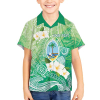 Hafa Adai Guam Chamorro Personalized Family Matching Off The Shoulder Long Sleeve Dress and Hawaiian Shirt Summer Green Latte Stone with Guasali LT7 Son's Shirt Summer Green - Polynesian Pride