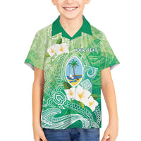 Hafa Adai Guam Chamorro Personalized Family Matching Off Shoulder Maxi Dress and Hawaiian Shirt Summer Green Latte Stone with Guasali LT7 Son's Shirt Summer Green - Polynesian Pride