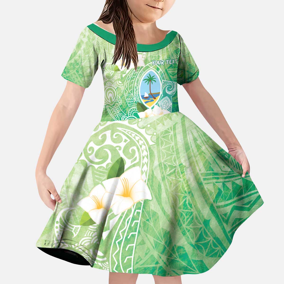Hafa Adai Guam Chamorro Personalized Kid Short Sleeve Dress Summer Green Latte Stone with Guasali - Polynesian Pride