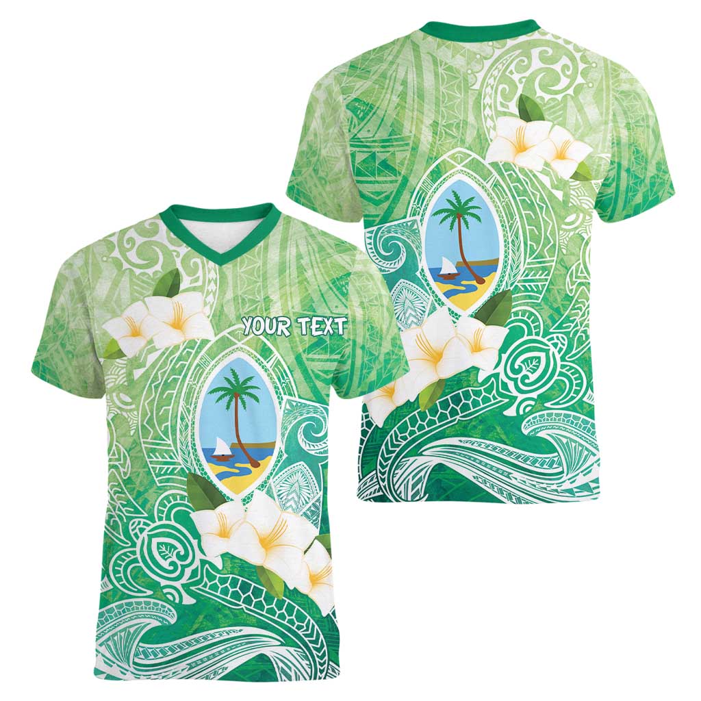 Hafa Adai Guam Chamorro Personalized Women V-Neck T-Shirt Summer Green Latte Stone with Guasali - Polynesian Pride