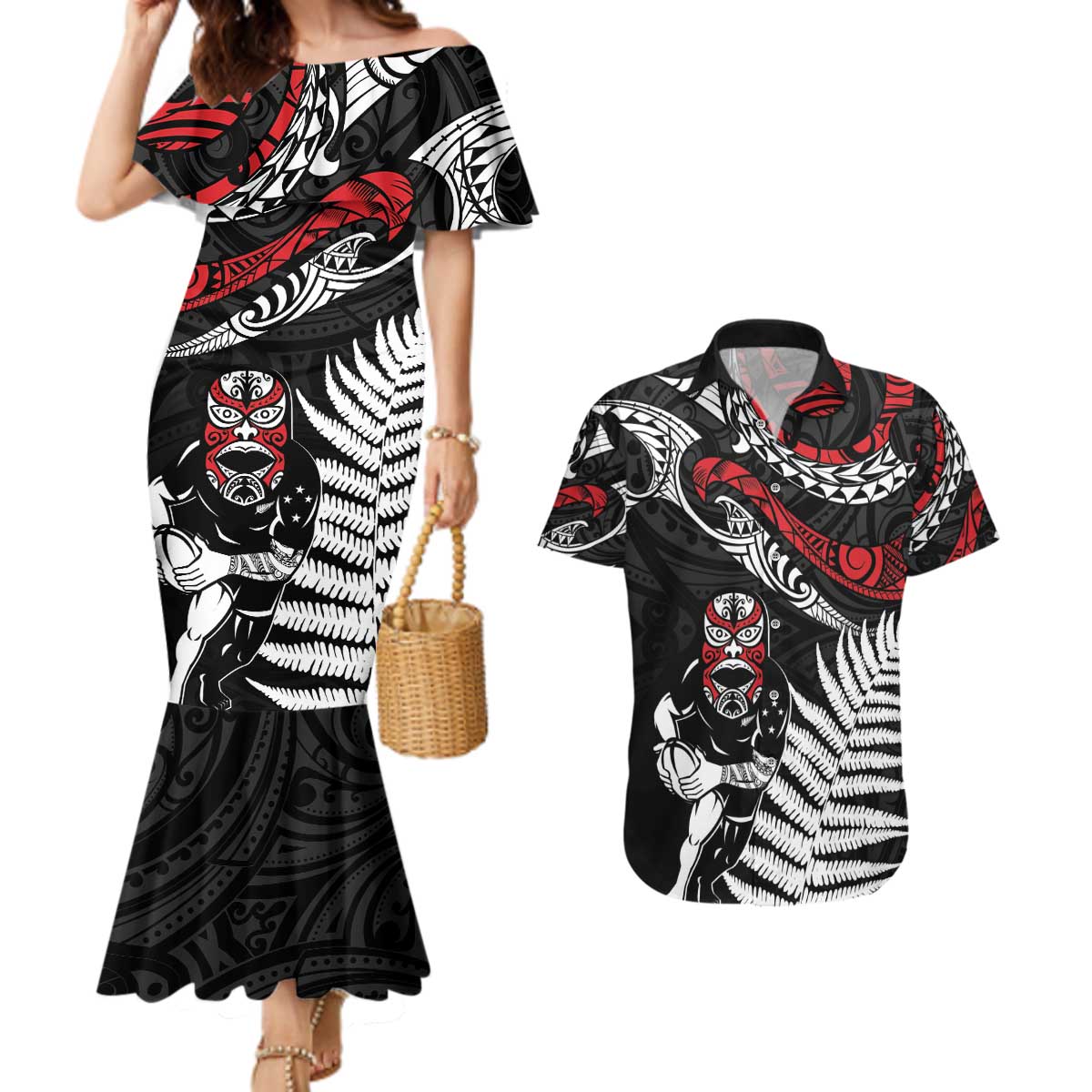 New Zealand Maori Rugby Personalised Couples Matching Mermaid Dress and Hawaiian Shirt Ta Moko Silver Fern LT7 Black - Polynesian Pride