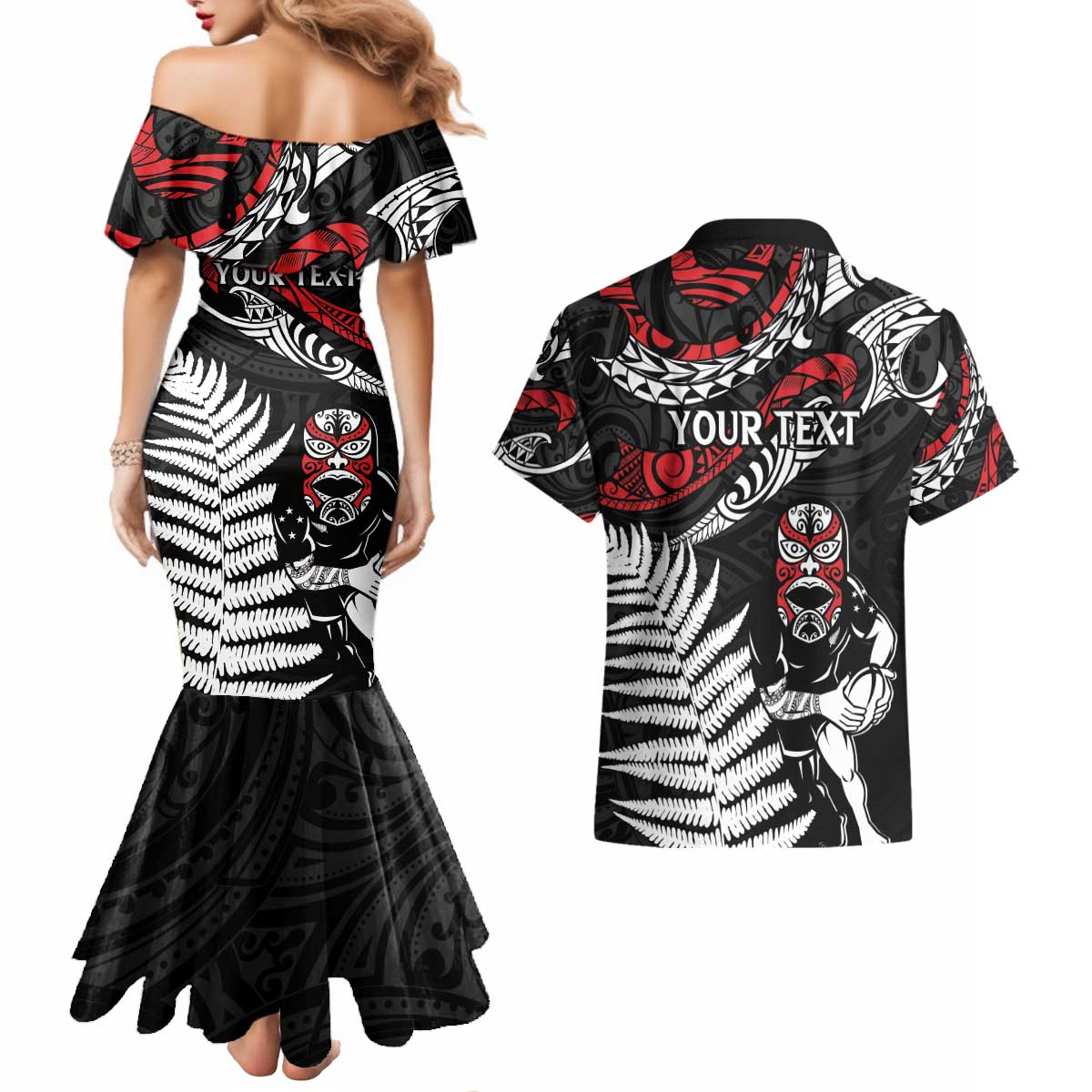 New Zealand Maori Rugby Personalised Couples Matching Mermaid Dress and Hawaiian Shirt Ta Moko Silver Fern LT7 - Polynesian Pride