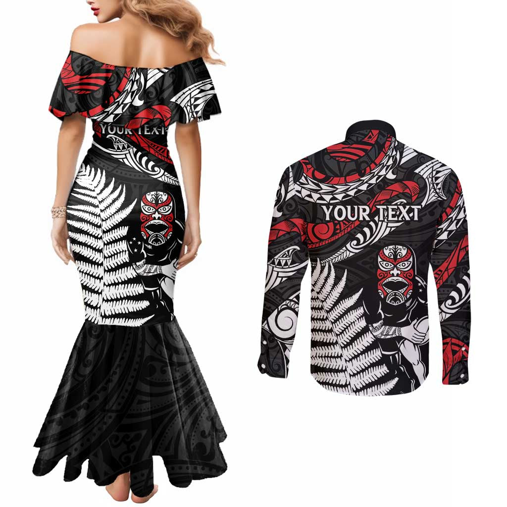 New Zealand Maori Rugby Personalised Couples Matching Mermaid Dress and Long Sleeve Button Shirt Ta Moko Silver Fern