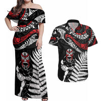 New Zealand Maori Rugby Personalised Couples Matching Off Shoulder Maxi Dress and Hawaiian Shirt Ta Moko Silver Fern LT7 Black - Polynesian Pride