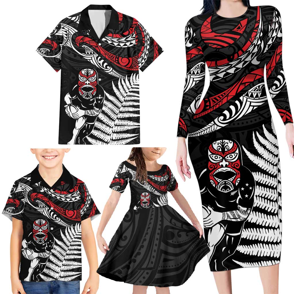 New Zealand Maori Rugby Personalised Family Matching Long Sleeve Bodycon Dress and Hawaiian Shirt Ta Moko Silver Fern LT7 - Polynesian Pride