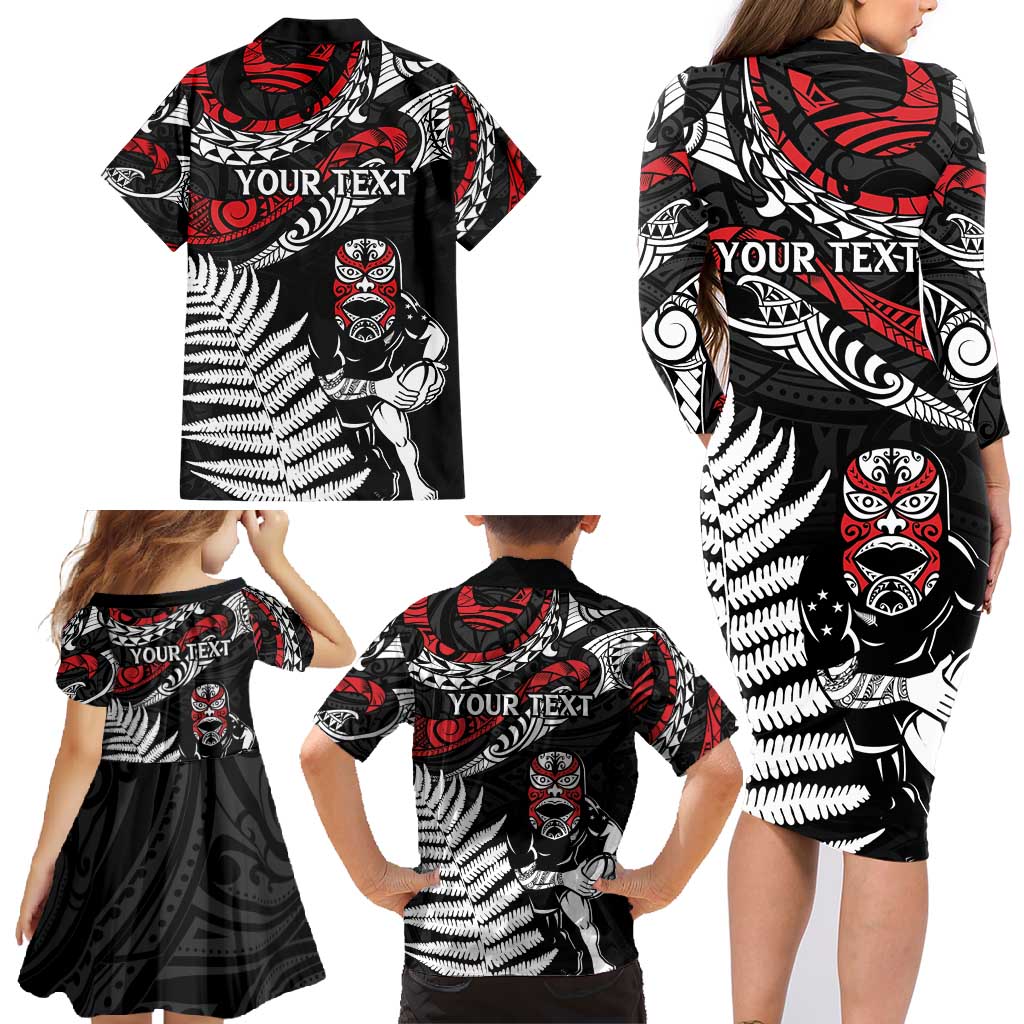 New Zealand Maori Rugby Personalised Family Matching Long Sleeve Bodycon Dress and Hawaiian Shirt Ta Moko Silver Fern LT7 - Polynesian Pride