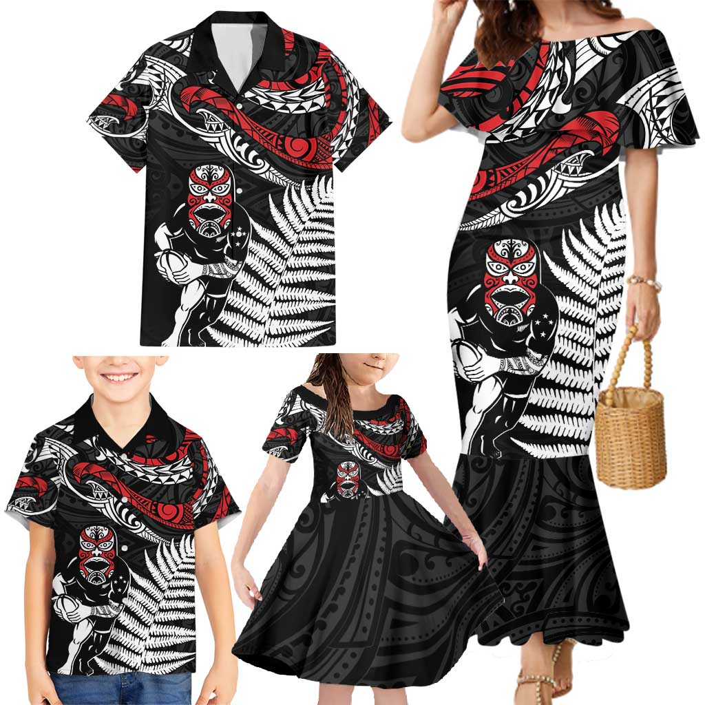 New Zealand Maori Rugby Personalised Family Matching Mermaid Dress and Hawaiian Shirt Ta Moko Silver Fern LT7 - Polynesian Pride