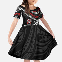 New Zealand Maori Rugby Personalised Family Matching Off The Shoulder Long Sleeve Dress and Hawaiian Shirt Ta Moko Silver Fern LT7 Daughter's Dress Black - Polynesian Pride