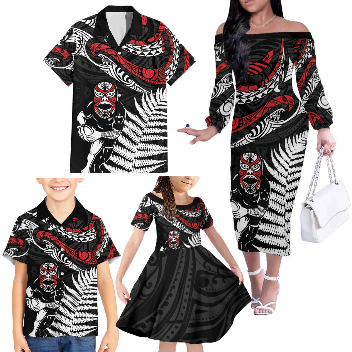 New Zealand Maori Rugby Personalised Family Matching Off The Shoulder Long Sleeve Dress and Hawaiian Shirt Ta Moko Silver Fern LT7 - Polynesian Pride