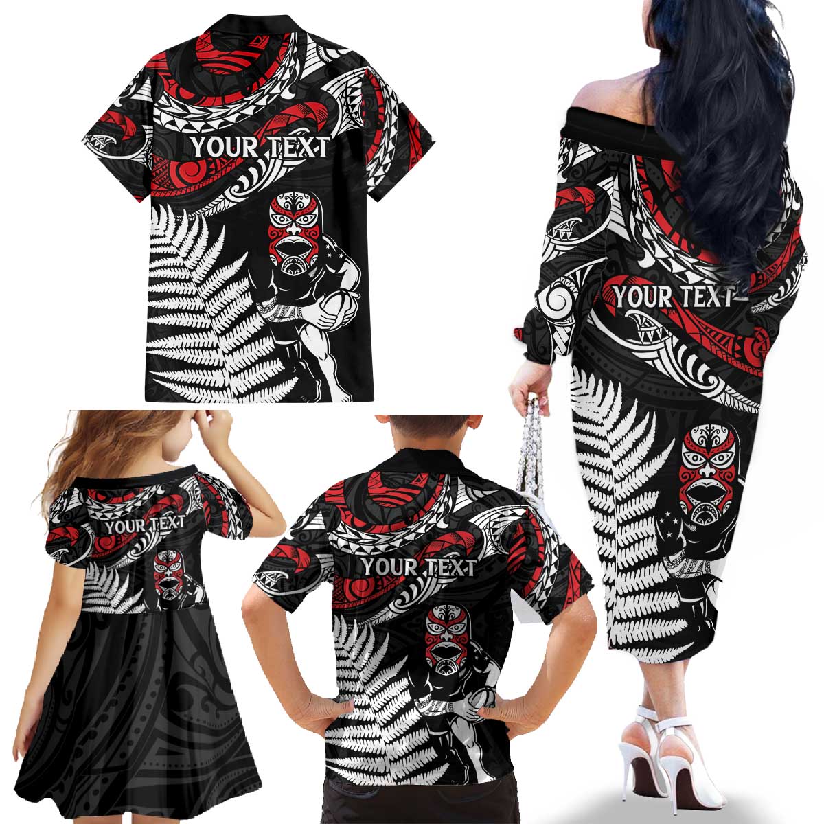 New Zealand Maori Rugby Personalised Family Matching Off The Shoulder Long Sleeve Dress and Hawaiian Shirt Ta Moko Silver Fern LT7 - Polynesian Pride