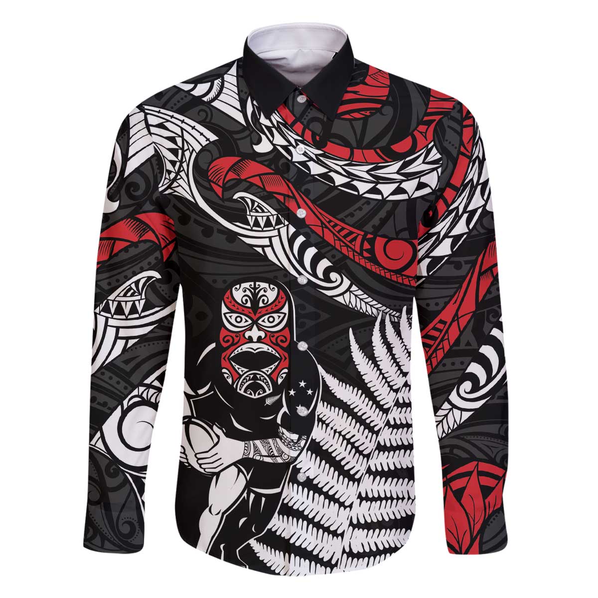 New Zealand Maori Rugby Personalised Family Matching Off The Shoulder Long Sleeve Dress and Hawaiian Shirt Ta Moko Silver Fern LT7 Dad's Shirt - Long Sleeve Black - Polynesian Pride