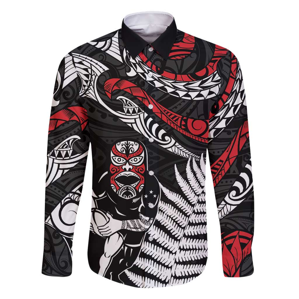 New Zealand Maori Rugby Personalised Family Matching Off Shoulder Maxi Dress and Hawaiian Shirt Ta Moko Silver Fern LT7 Dad's Shirt - Long Sleeve Black - Polynesian Pride