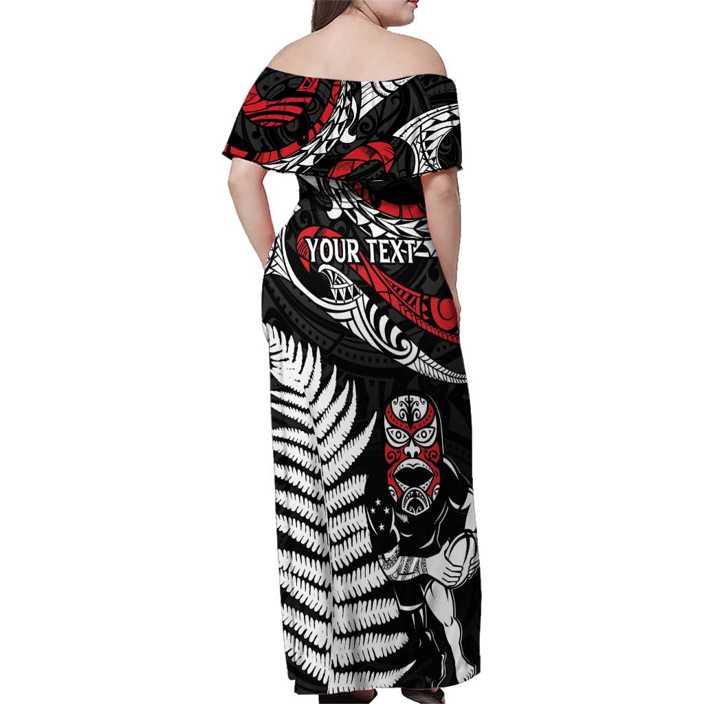 New Zealand Maori Rugby Personalised Family Matching Off Shoulder Maxi Dress and Hawaiian Shirt Ta Moko Silver Fern LT7 - Polynesian Pride