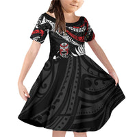 New Zealand Maori Rugby Personalised Family Matching Off Shoulder Short Dress and Hawaiian Shirt Ta Moko Silver Fern LT7 Daughter's Dress Black - Polynesian Pride