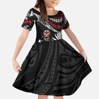 New Zealand Maori Rugby Personalised Family Matching Puletasi and Hawaiian Shirt Ta Moko Silver Fern LT7 Daughter's Dress Black - Polynesian Pride