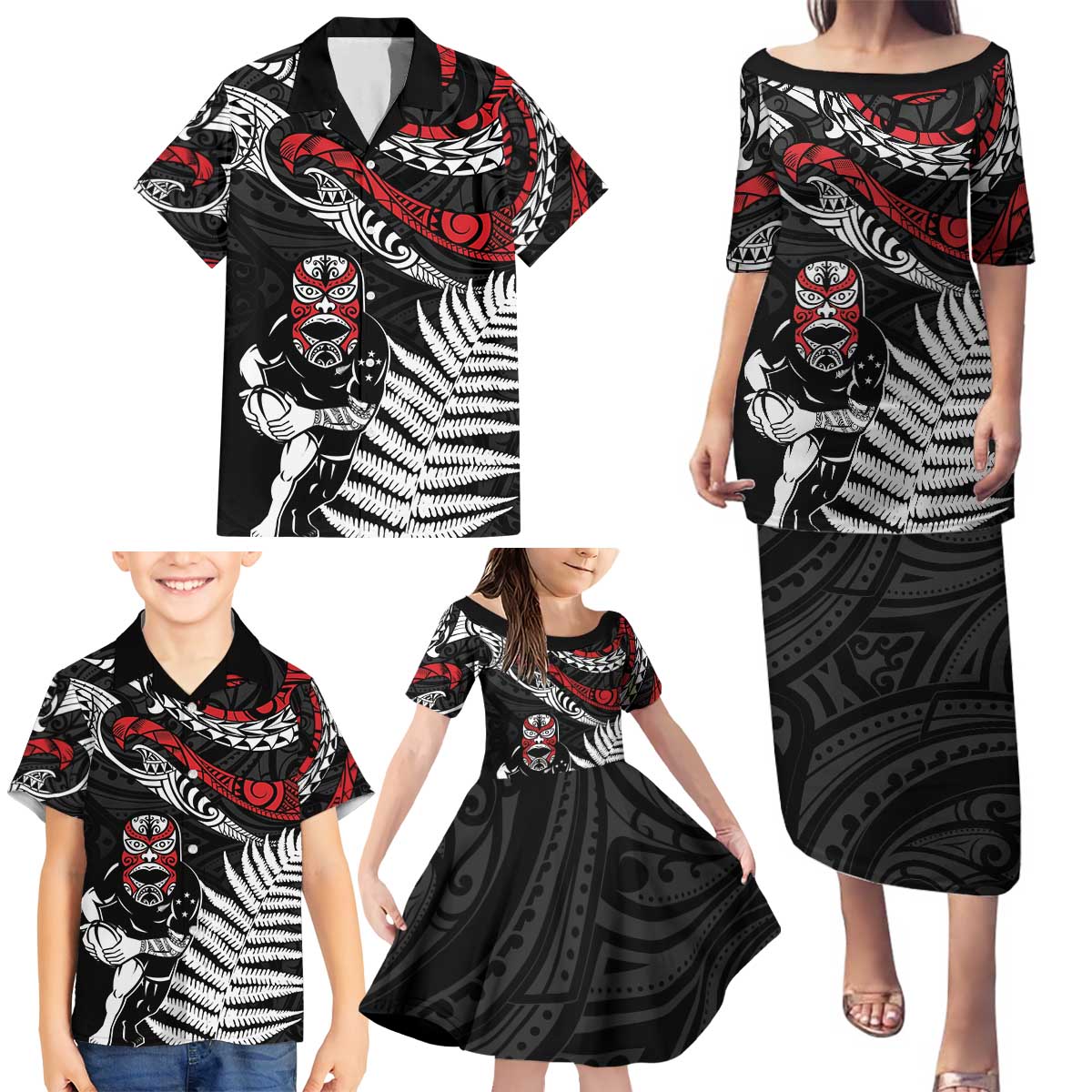 New Zealand Maori Rugby Personalised Family Matching Puletasi and Hawaiian Shirt Ta Moko Silver Fern LT7 - Polynesian Pride