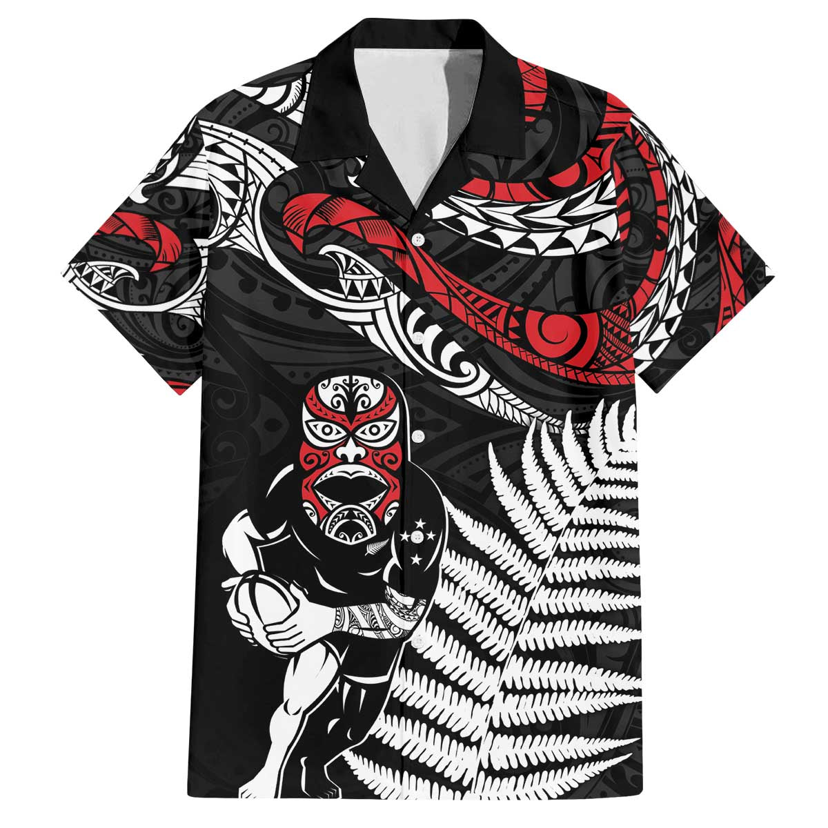 New Zealand Maori Rugby Personalised Family Matching Puletasi and Hawaiian Shirt Ta Moko Silver Fern LT7 Dad's Shirt - Short Sleeve Black - Polynesian Pride