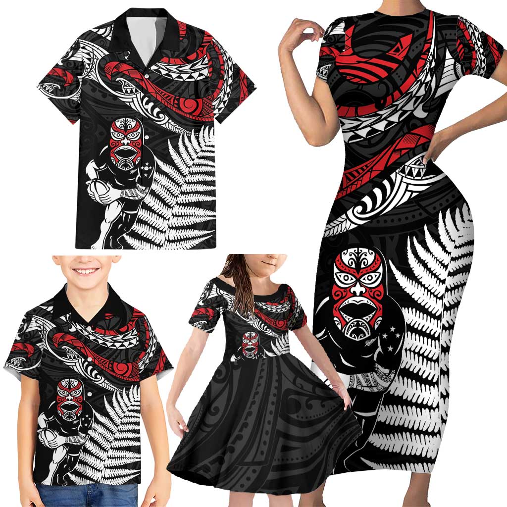 New Zealand Maori Rugby Personalised Family Matching Short Sleeve Bodycon Dress and Hawaiian Shirt Ta Moko Silver Fern LT7 - Polynesian Pride