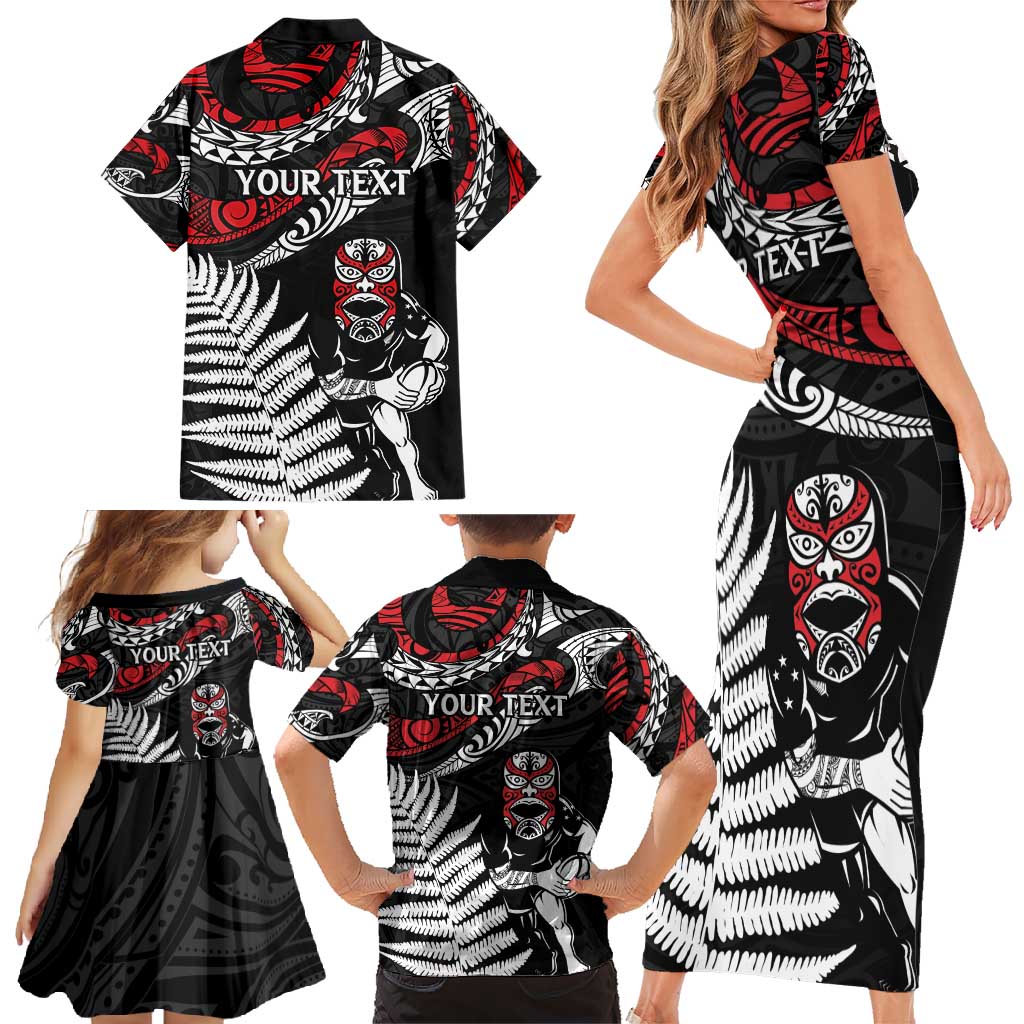 New Zealand Maori Rugby Personalised Family Matching Short Sleeve Bodycon Dress and Hawaiian Shirt Ta Moko Silver Fern LT7 - Polynesian Pride