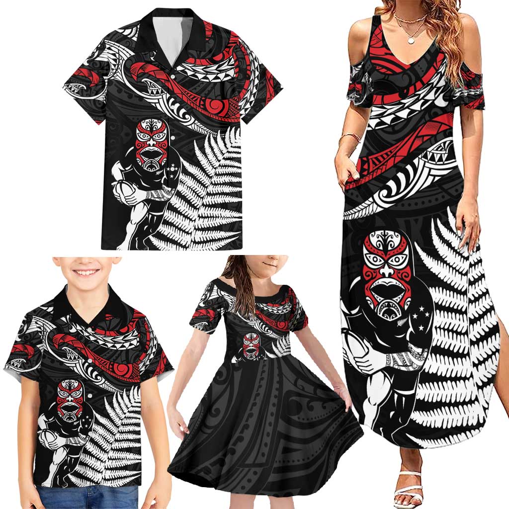 New Zealand Maori Rugby Personalised Family Matching Summer Maxi Dress and Hawaiian Shirt Ta Moko Silver Fern LT7 - Polynesian Pride