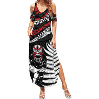 New Zealand Maori Rugby Personalised Family Matching Summer Maxi Dress and Hawaiian Shirt Ta Moko Silver Fern LT7 Mom's Dress Black - Polynesian Pride