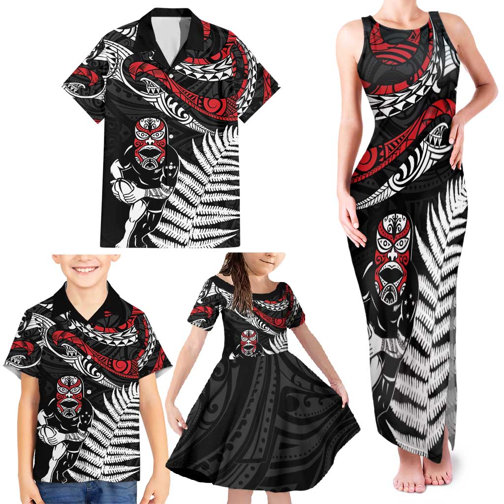 New Zealand Maori Rugby Personalised Family Matching Tank Maxi Dress and Hawaiian Shirt Ta Moko Silver Fern LT7 - Polynesian Pride