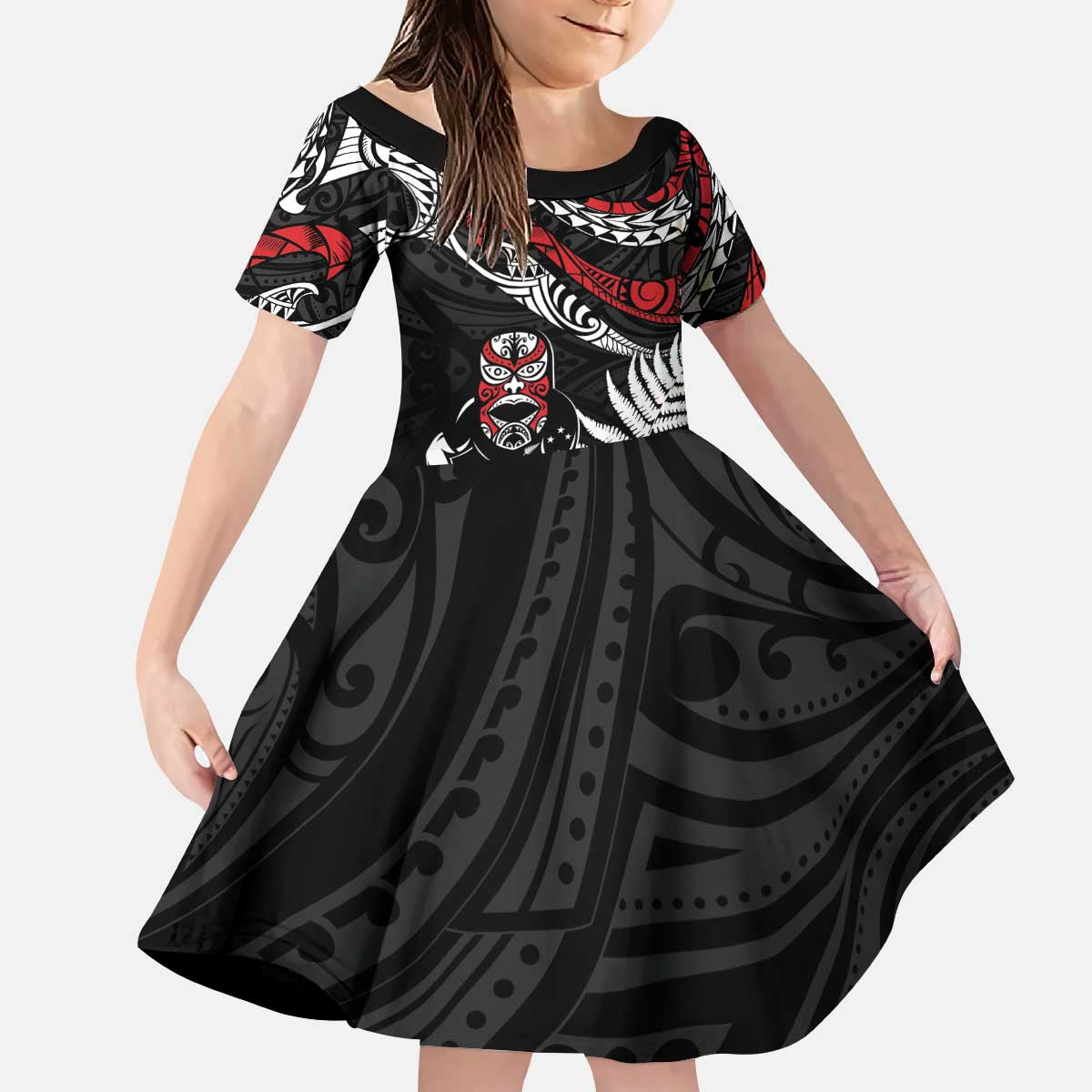 New Zealand Maori Rugby Personalised Kid Short Sleeve Dress Ta Moko Silver Fern LT7 KID Black - Polynesian Pride