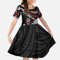 New Zealand Maori Rugby Personalised Kid Short Sleeve Dress Ta Moko Silver Fern LT7 KID Black - Polynesian Pride